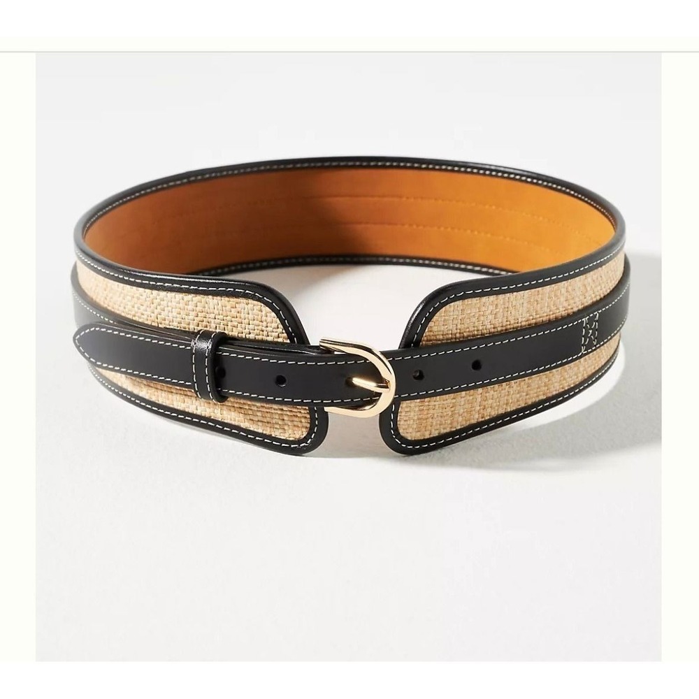 Free People Black Cream Raffia Leather Wide Waist Belt Gold Buckle M/L New NWT